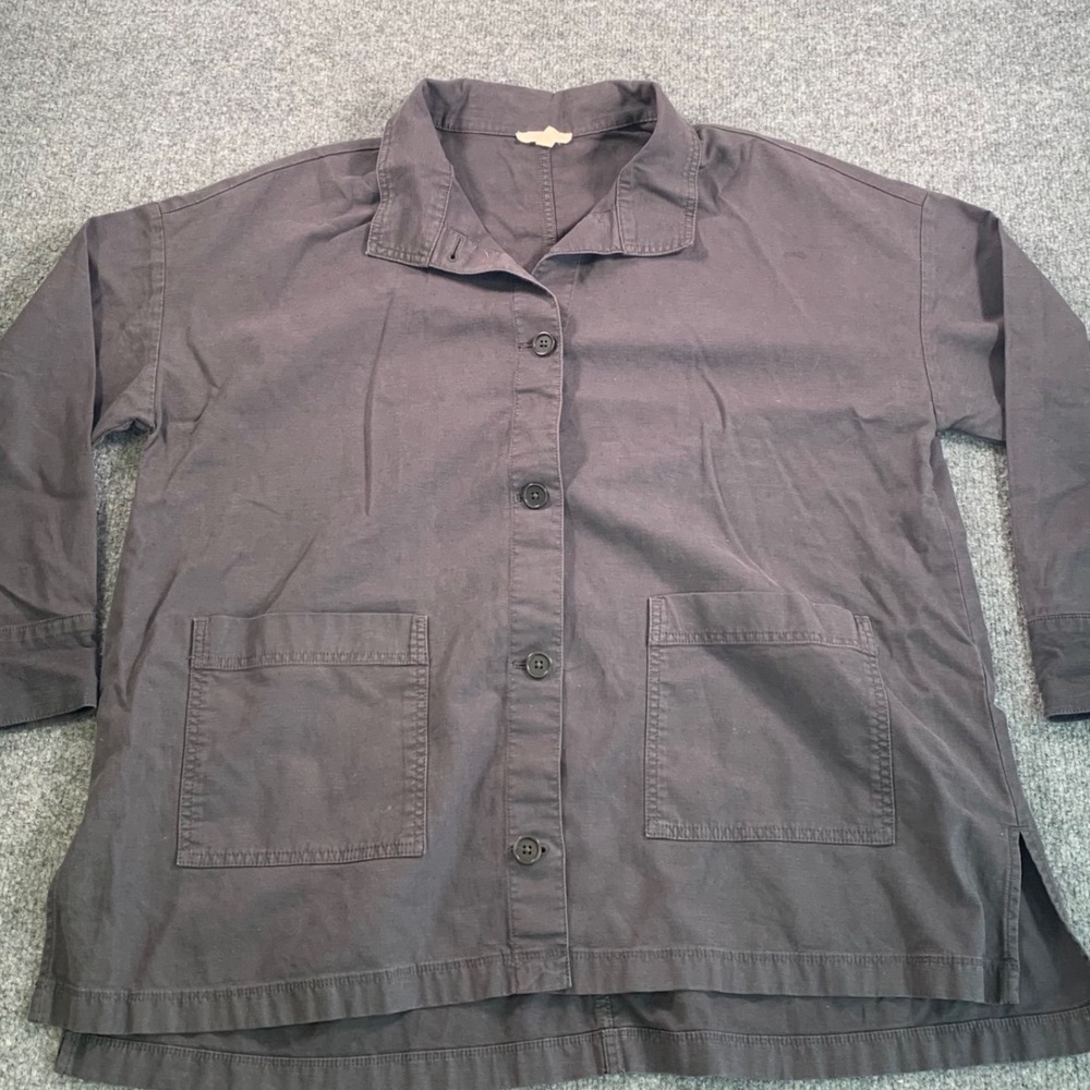 Eileen Fisher Organic Cotton HEMP Canvas Chore Jacket Charcoal Grey Large L/G